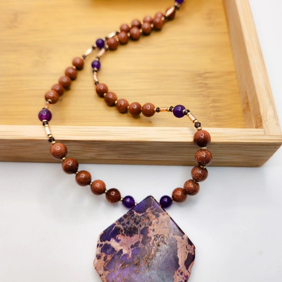 Goldstone swter style necklace with a Purple Impression Jasper pendant - Picture 2 of 3